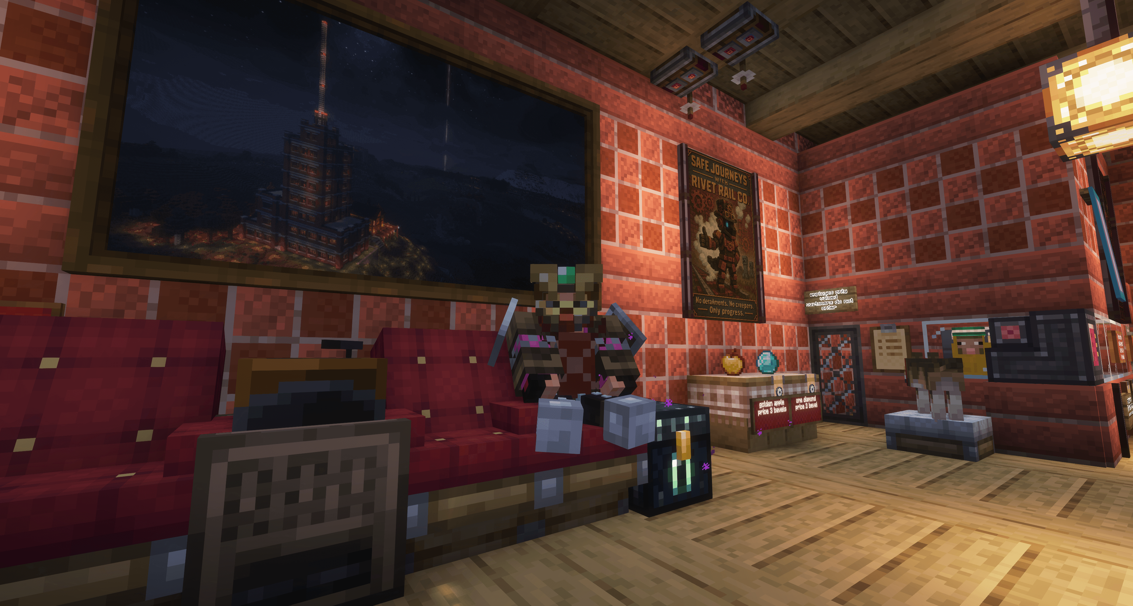 Minecraft player sitting on a couch in a minecraft shop