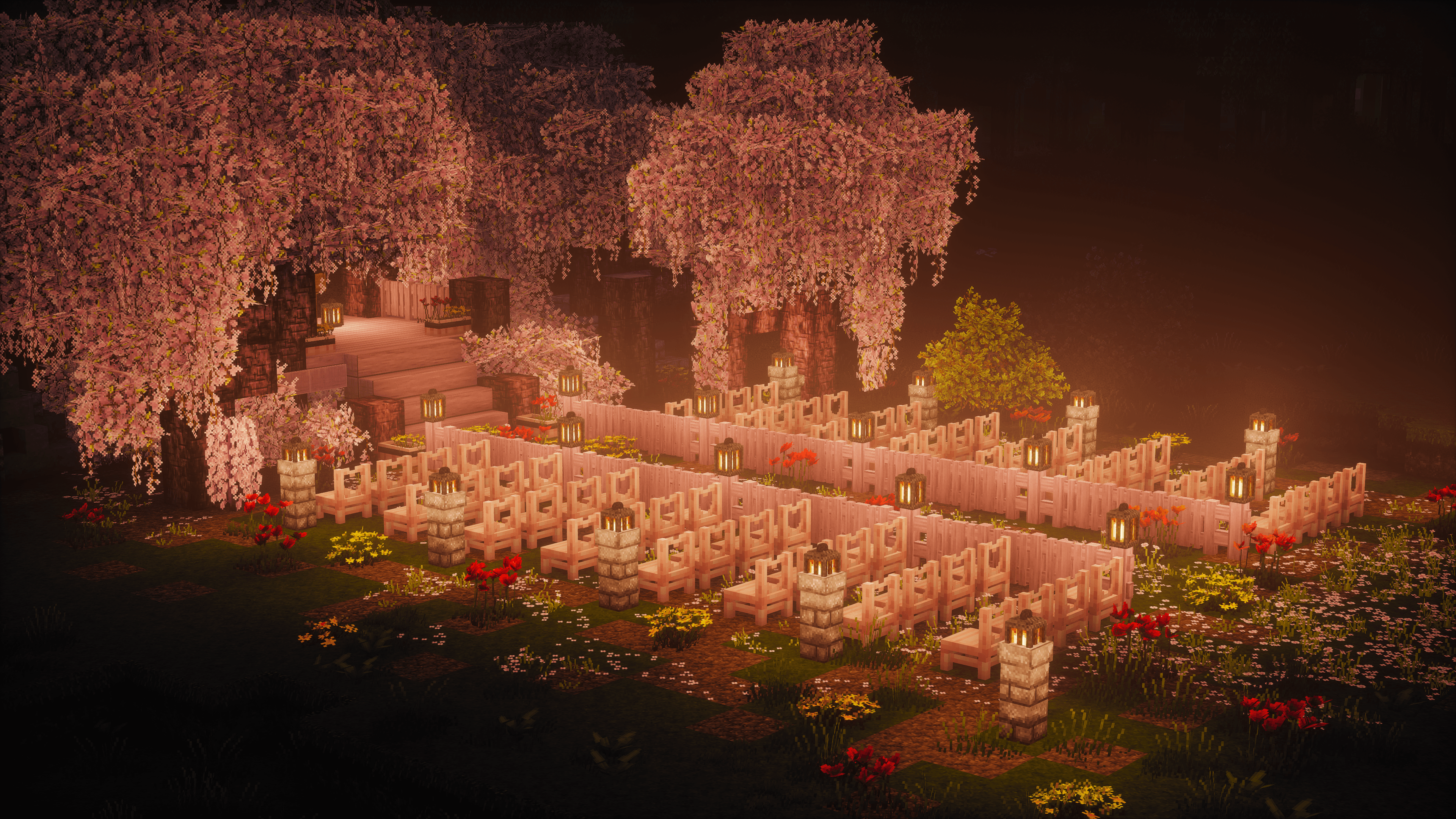 A minecraft build over a wedding vennue with cherry blossom style