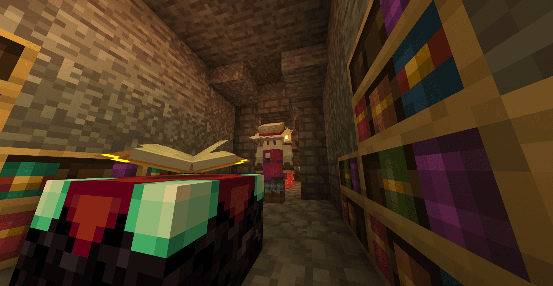 Minecraft player standing in front of an enchantment table