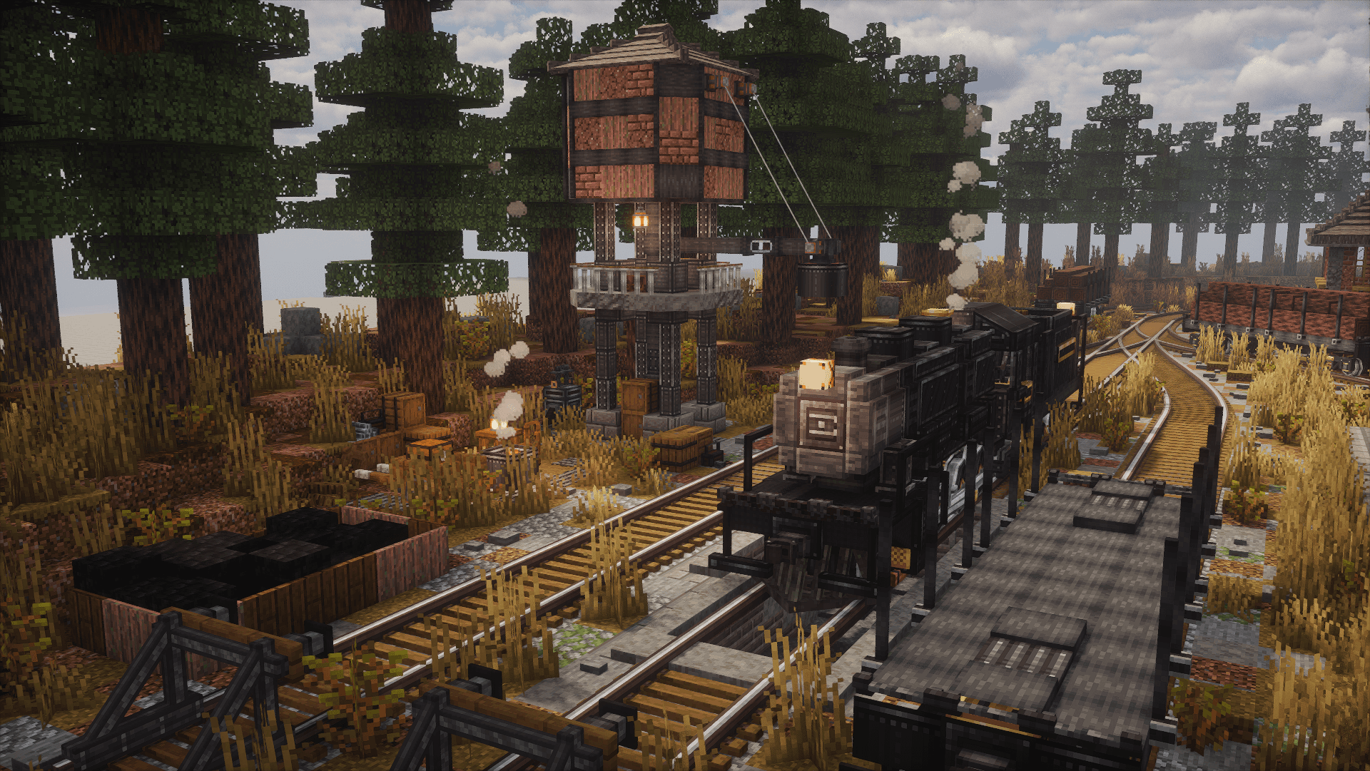 A minecraft train service station including a train built with the crate mode